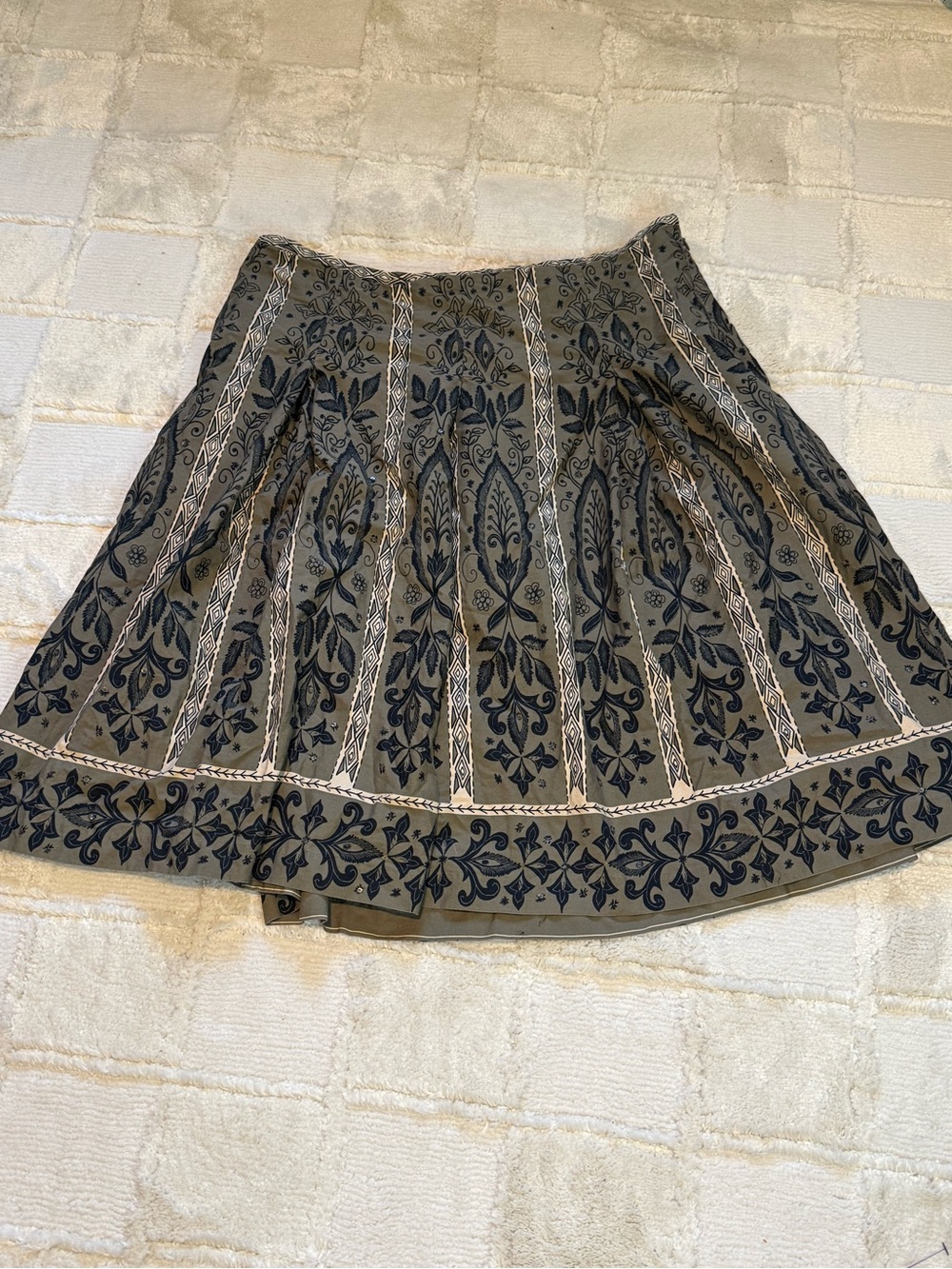 Floral geometric Printed Boho A-Line Skirt in Olive Black 100% Cotton size 18